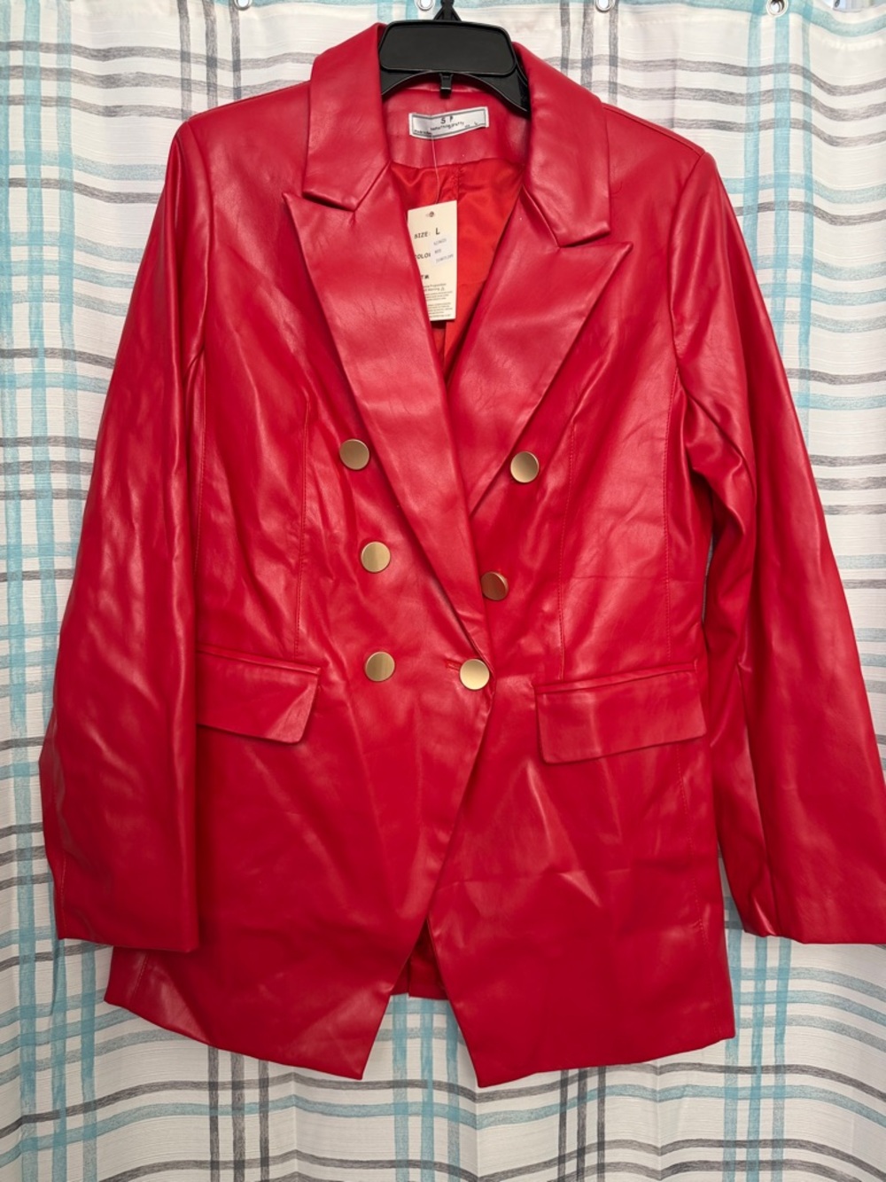 Red Double-Breasted Faux Leather Blazer with Gold Buttons